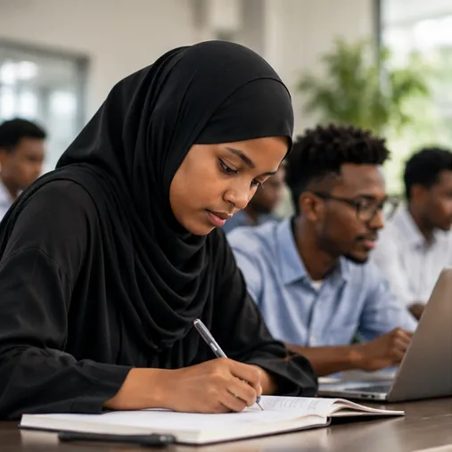 A young woman writing in a notebook during a class, with other students behind her.
