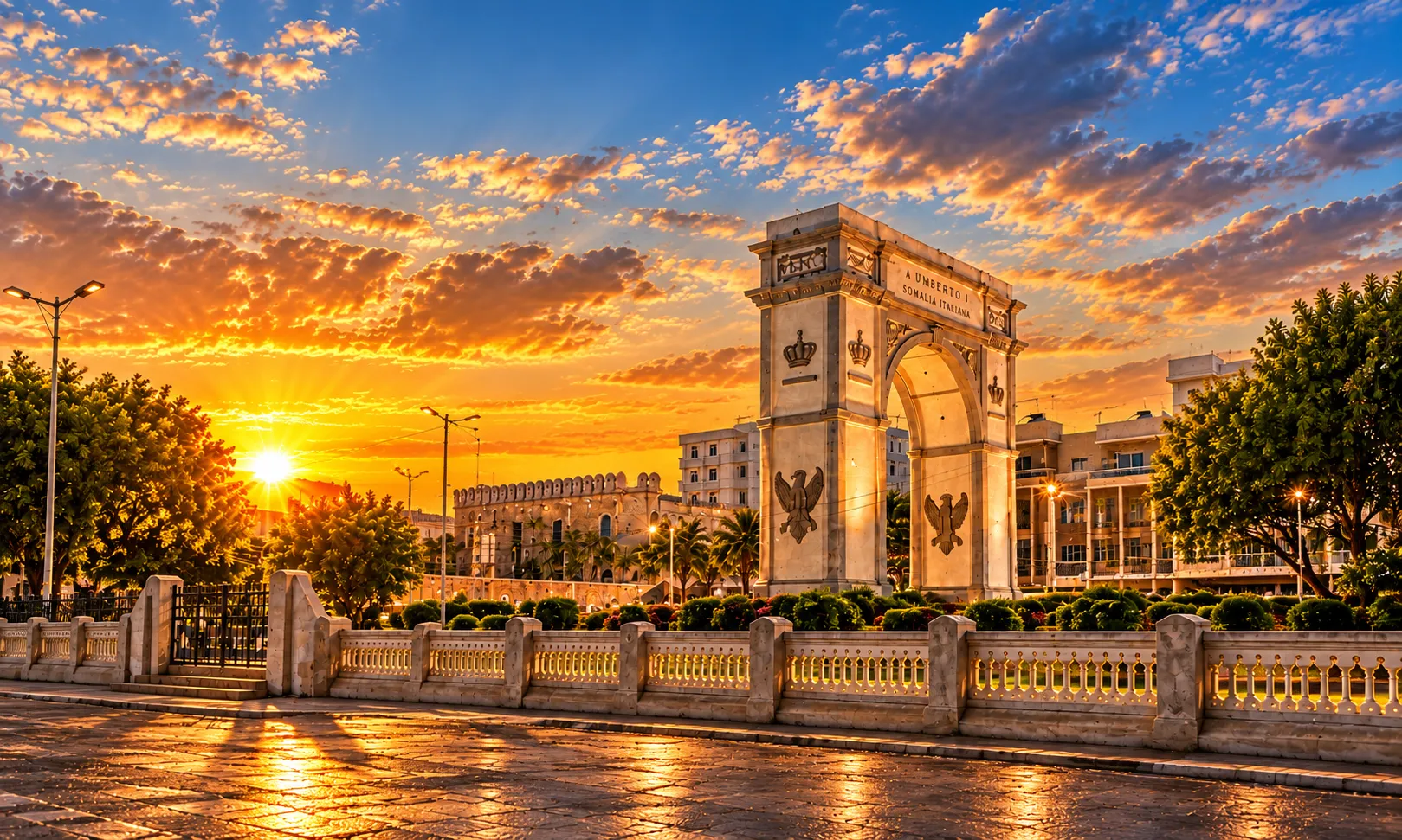 The historic triumphal arch in Shingani, Mogadishu, illuminated at night against a deep blue sky.